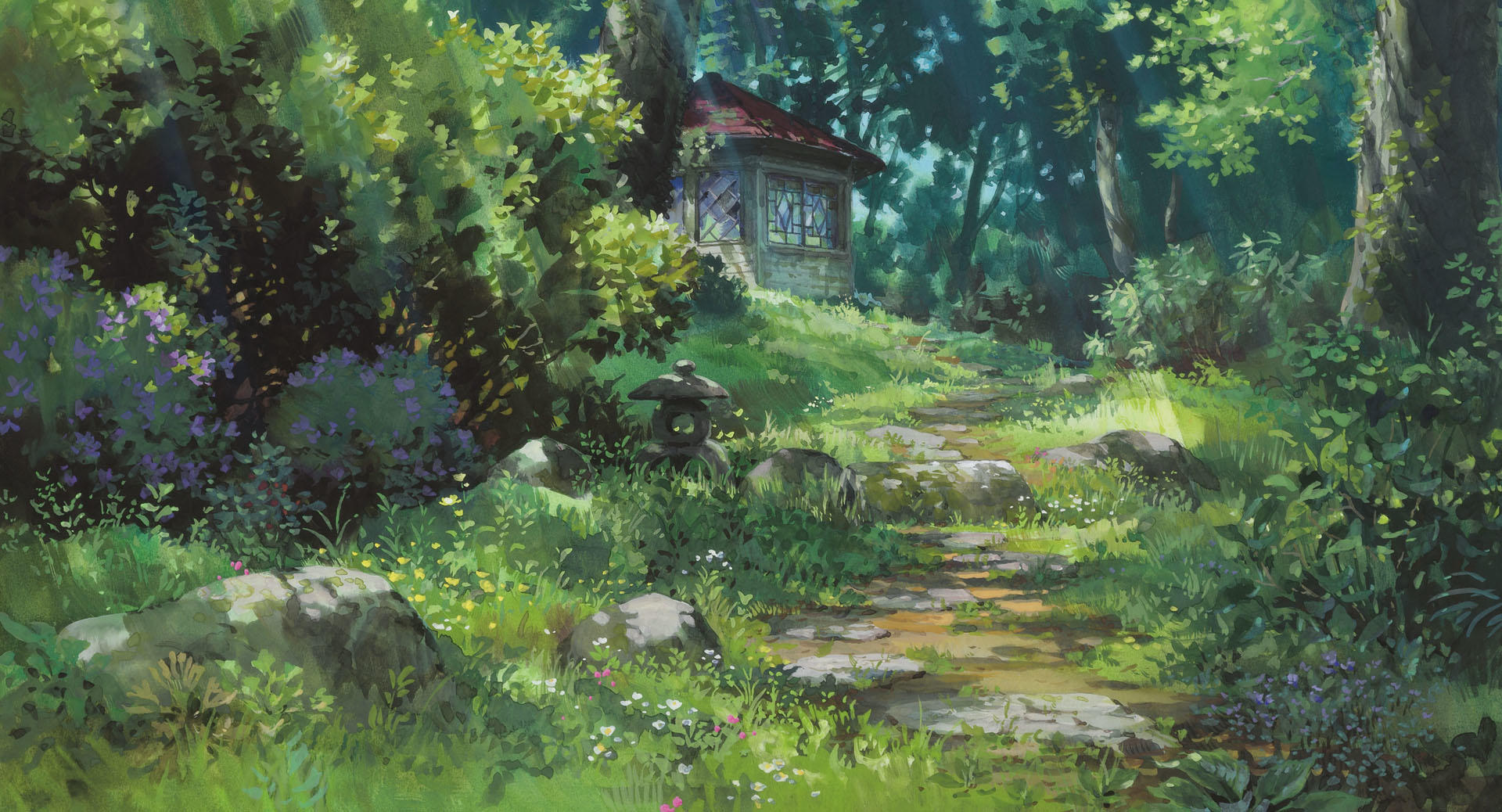 A small cottage home sits in the background of a lush, green forest with a stone path.